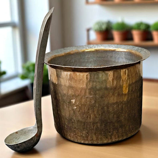 Antique Brass Bowl with Laddle | Pital Traditional Cooking & Serving Long Shaped Bowl