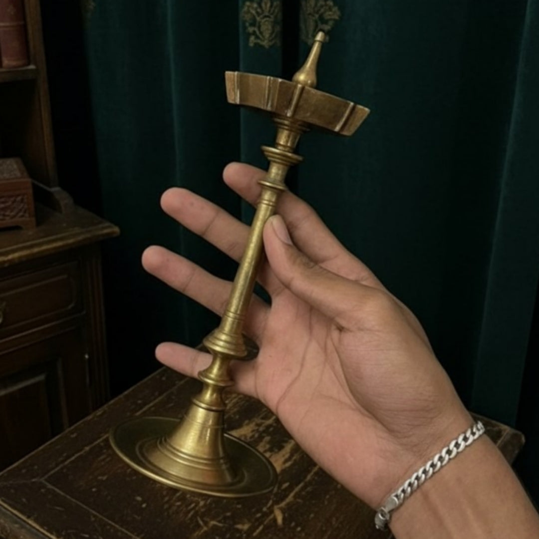 1987 Antique Brass Small Samay & Hand Diya Pair with Samay | Traditional Décor Set of 3