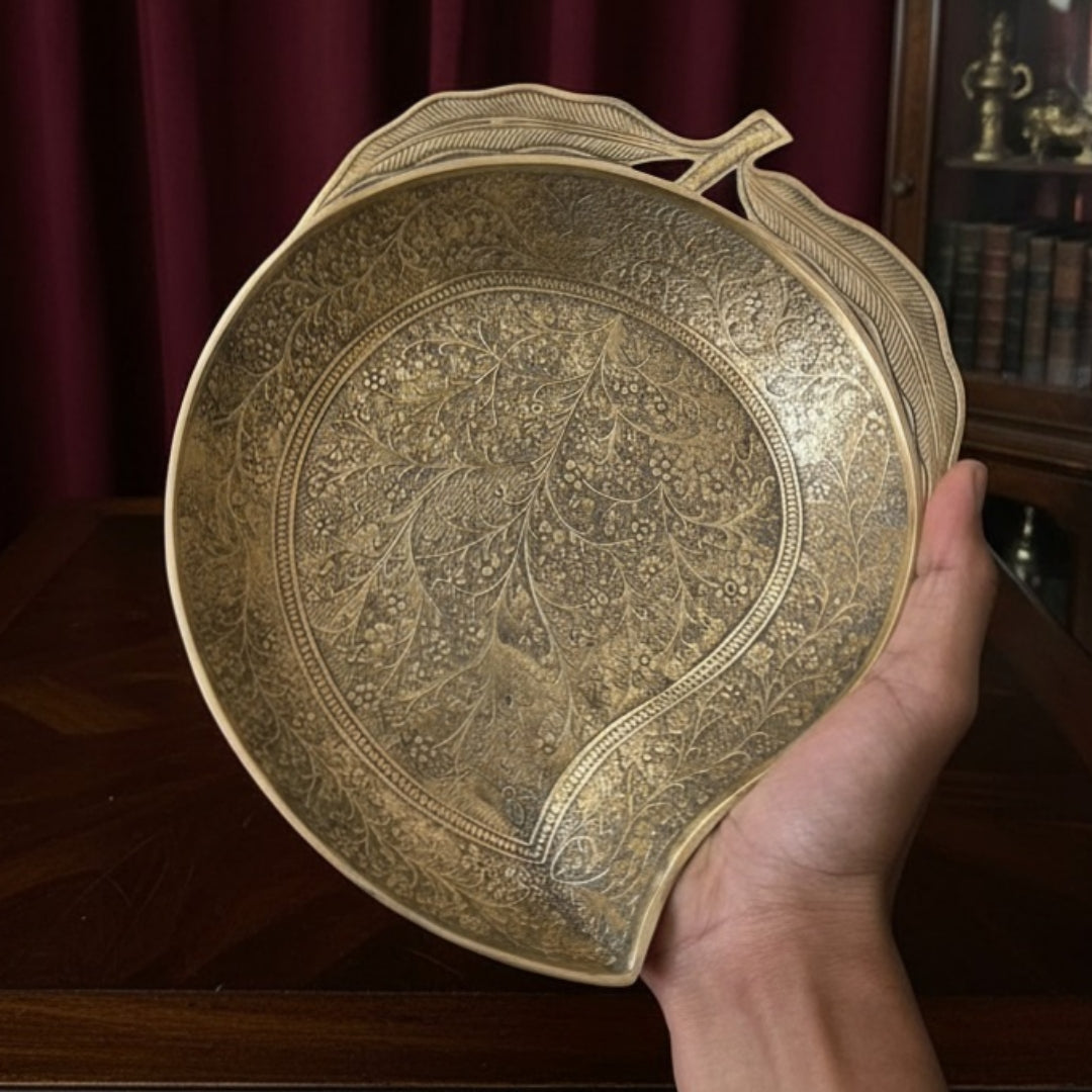 1964 Antique Brass Leaf & Mango Shape Engraved Serving Tray Pair