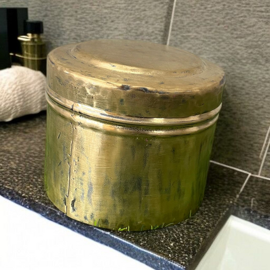Antique Brass Handmade Storage Box | Pital Traditional Round Dabba with Lid