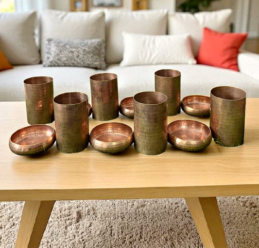 Antique Copper Glass & Katori Set of 6 | Traditional Dining & Kitchenware