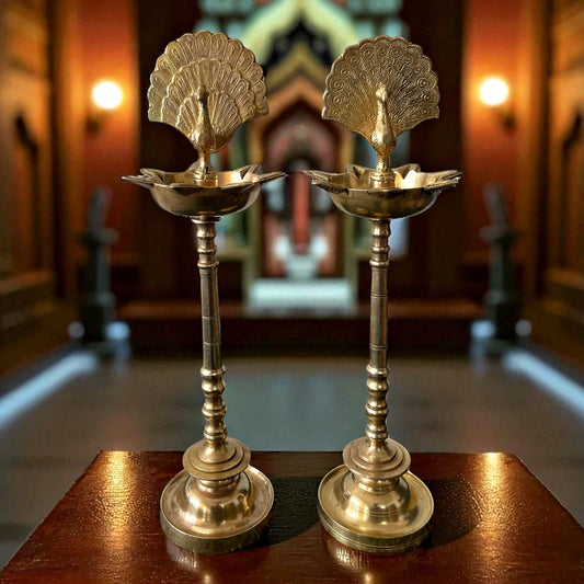 Antique Brass Peacock Shape Samay | Traditional Deepam Pair