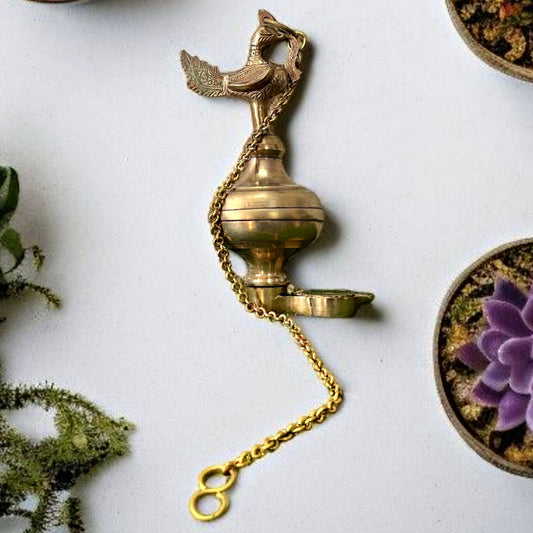 Antique Brass Peacock Lamandiva | Pital Hanging Oil Diya with Chain