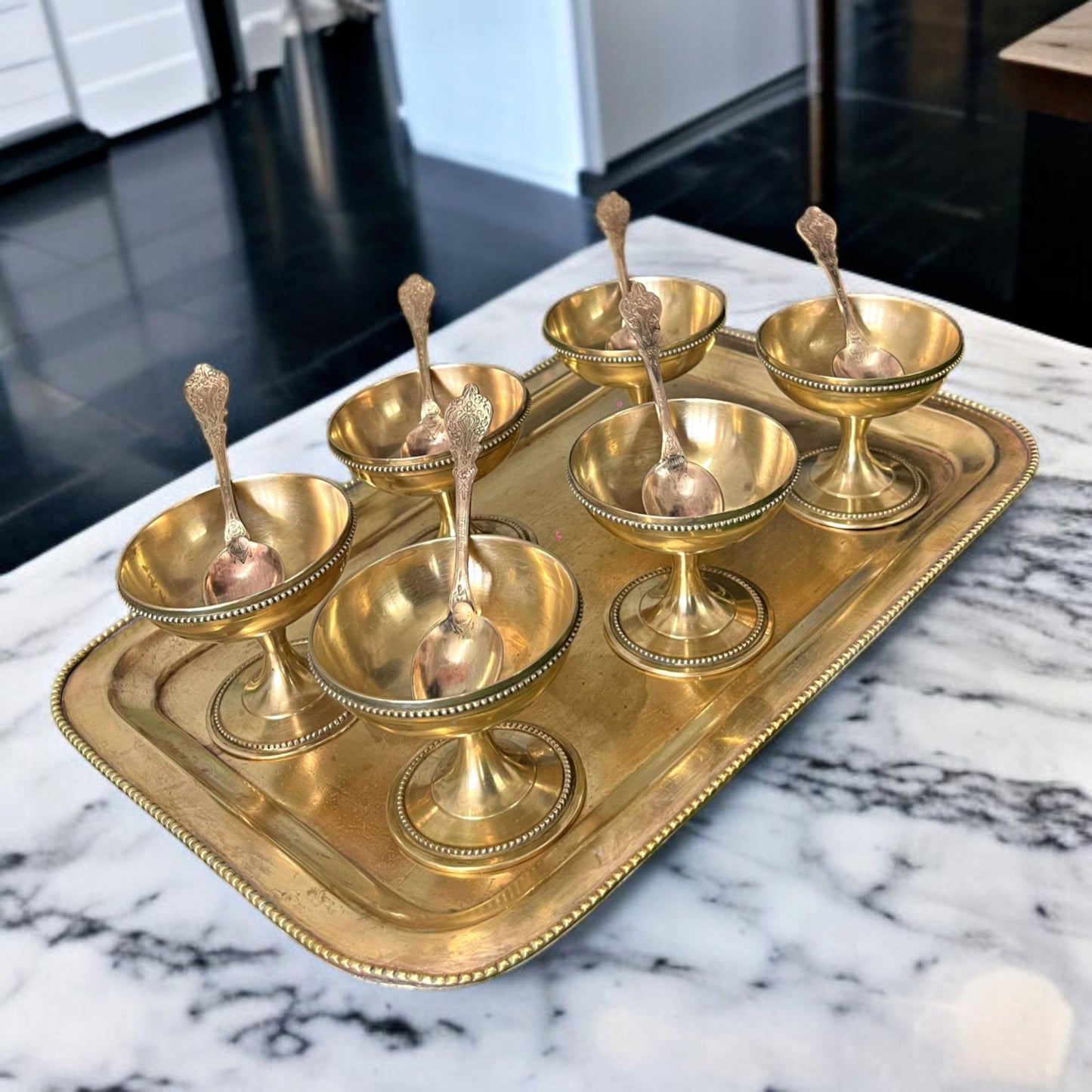 Antique Brass Dessert Set | Traditional Serving Cups with Tray