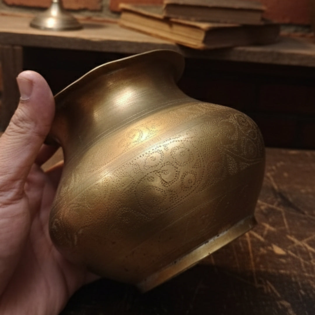 1975 Antique Brass Engraved Kalash | Traditional Decor & Utility Piece
