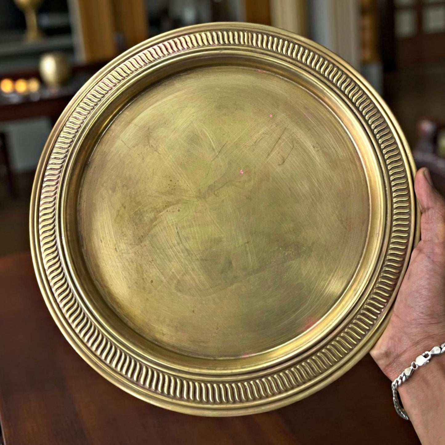 Antique Brass Plates Pair | Traditional Ornated Border Serving & Décor