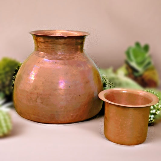 Antique Copper Rare Shaped Kalash with Glass | Tamba Lota with Pela
