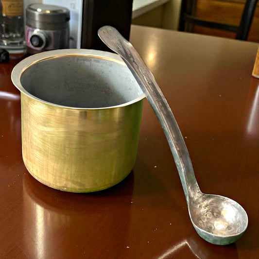 Antique Brass Long Bowl with Ladle | Traditional Cooking & Serving Kitchenware