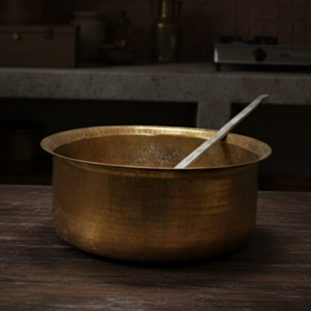 1980 Antique Brass Langadi with Ladle | Traditional Cooking Utensil