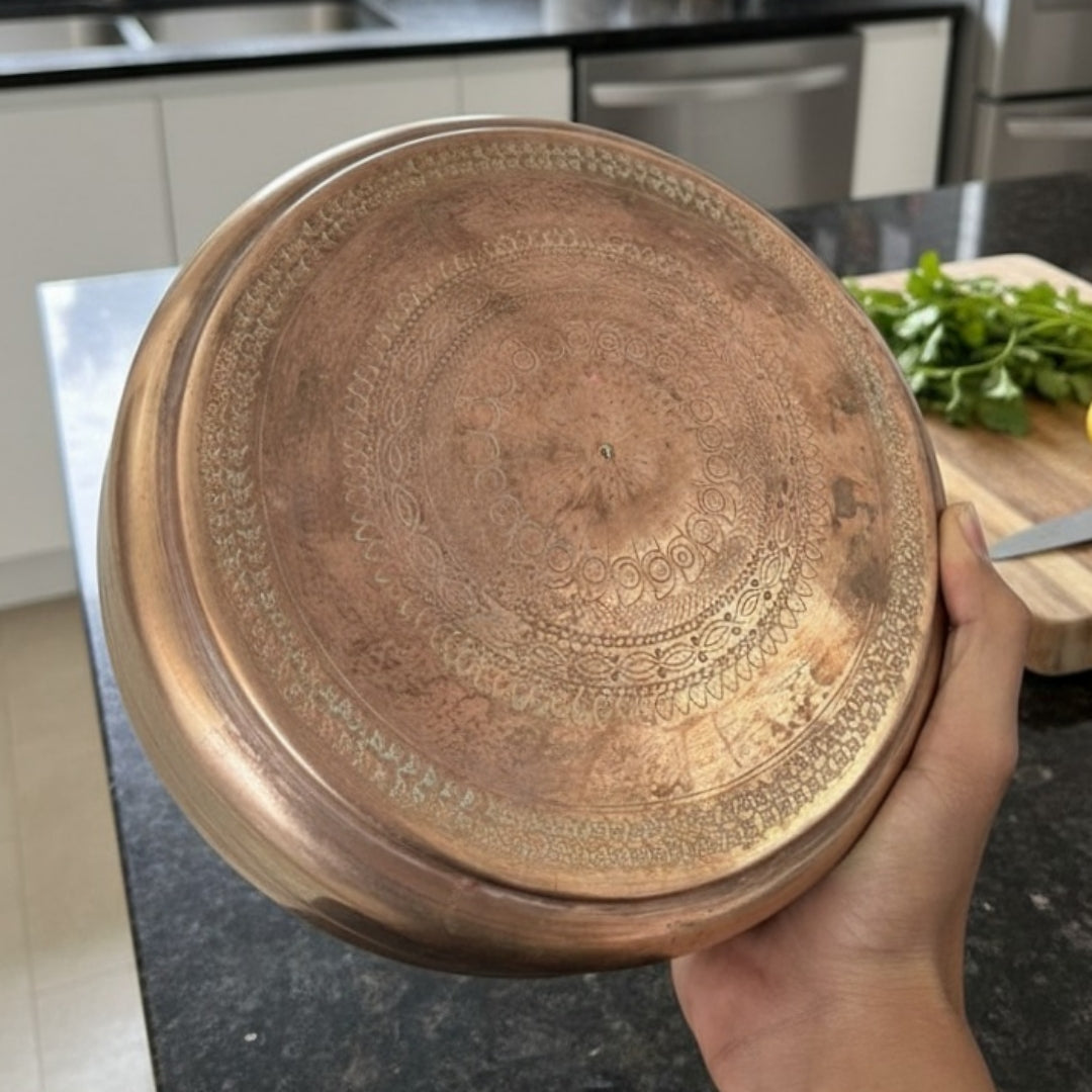 1984 Antique Brass Engraved Chapati Box | Medium Brass Roti Storage Container