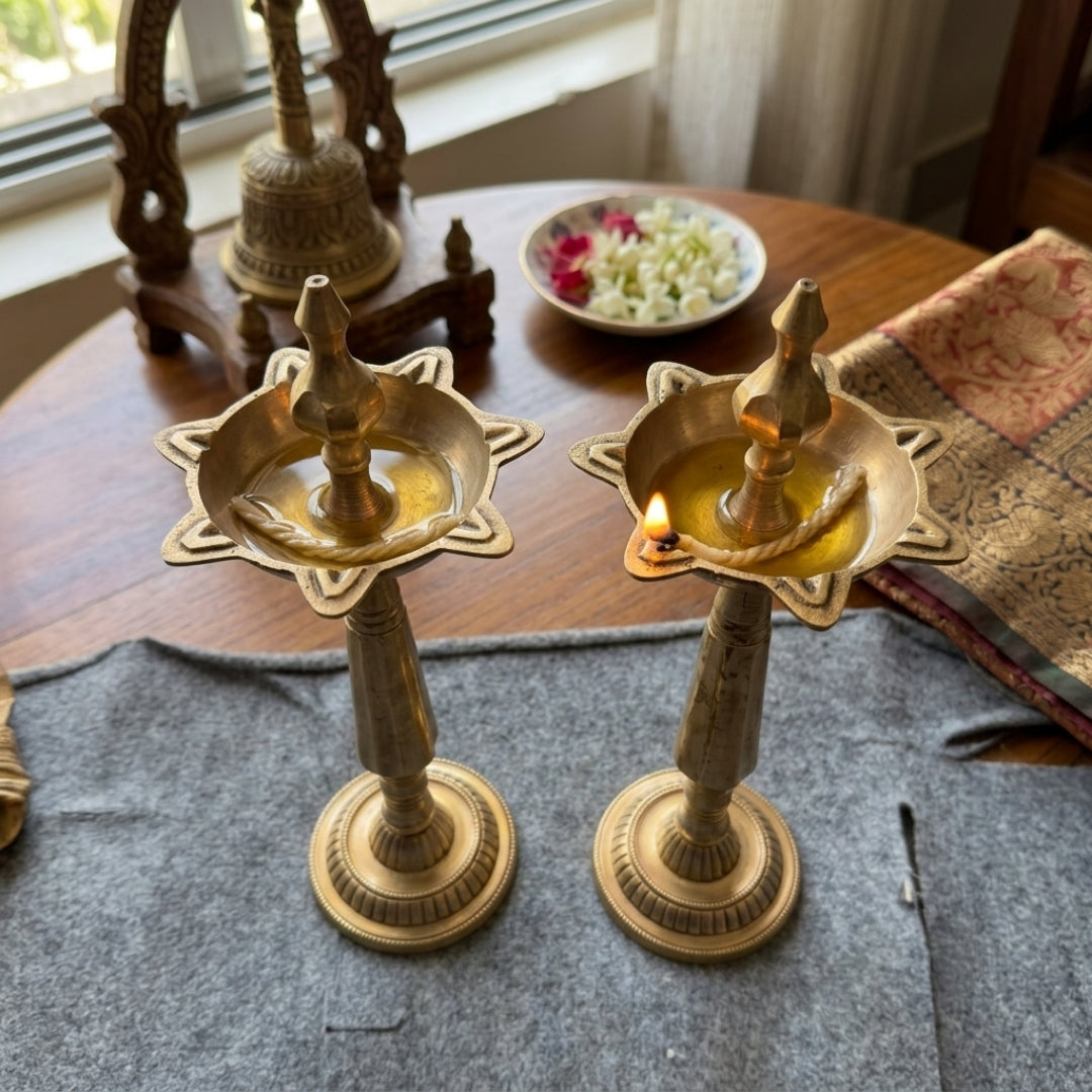 Antique Peetal Standing Oil Lamp Pair | Tall Brass Diya Lamp Stands | Made in 1978