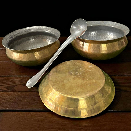 Antique Brass Deg Set with Lid & Ladle | Pital Traditional Cooking Vessel