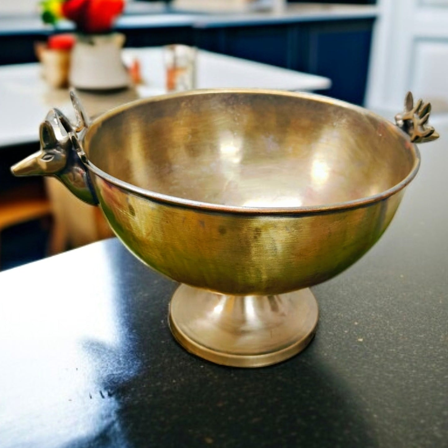 Antique Brass Serving Bowl with Deer Handle | Pital Bowl with Raindeer Handles