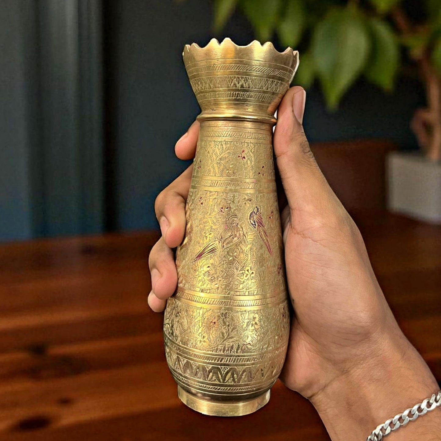 Antique Brass Vase in Pair | Pital Traditional Engraved Decor