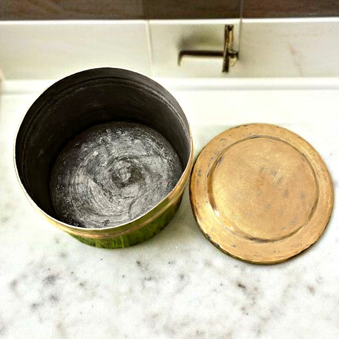 Antique Brass Handmade Storage Box | Pital Traditional Round Dabba with Lid