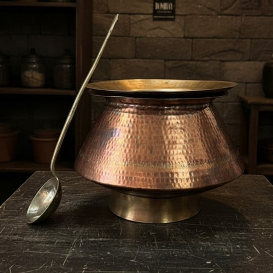 1982 Antique Copper Deg with Brass Lid and Ladle | Traditional Kitchen & Cooking Utensil