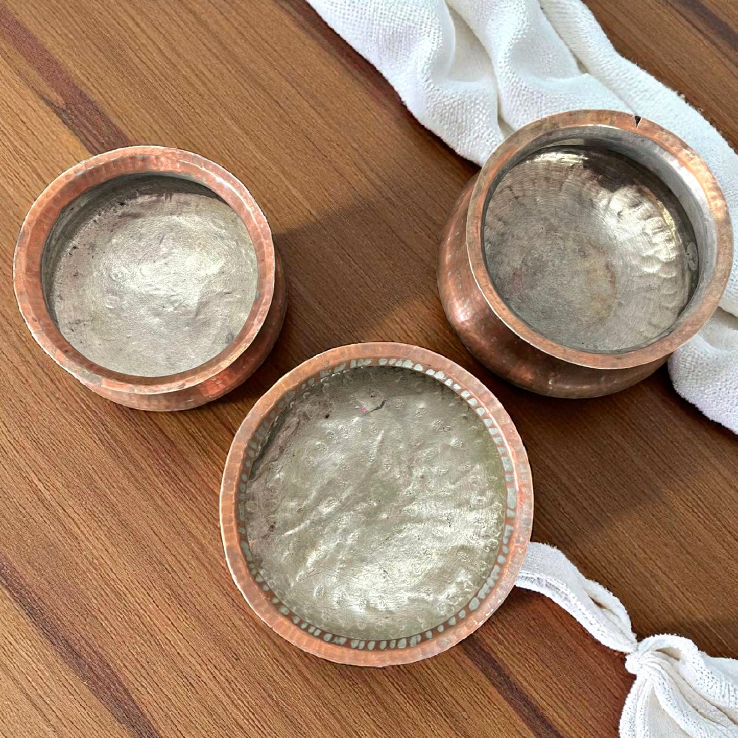 Antique Copper Deg Set of 3 with Brass Lid | Traditional Cooking & Storage Vessels