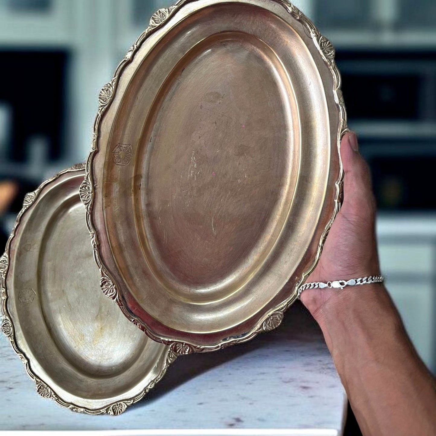 Antique Brass Serving Tray Pair | Pital Traditional Dining Display