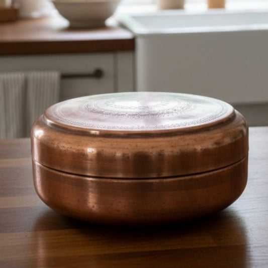 1984 Antique Brass Engraved Chapati Box | Medium Brass Roti Storage Container