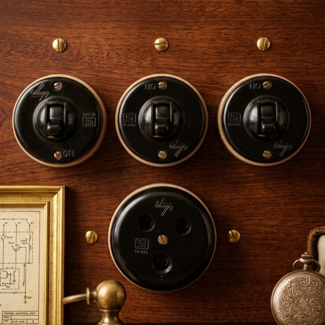 Vintage Bakelite Rotary Switch & Socket Panel | Brass-Mounted Hardwood Electrical Fittings Set of 4