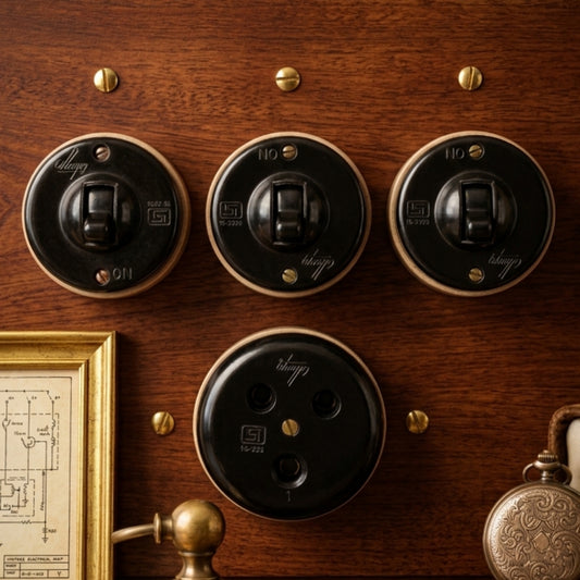 Vintage Bakelite Rotary Switch & Socket Panel | Brass-Mounted Hardwood Electrical Fittings Set of 4 - Bombay Antiques