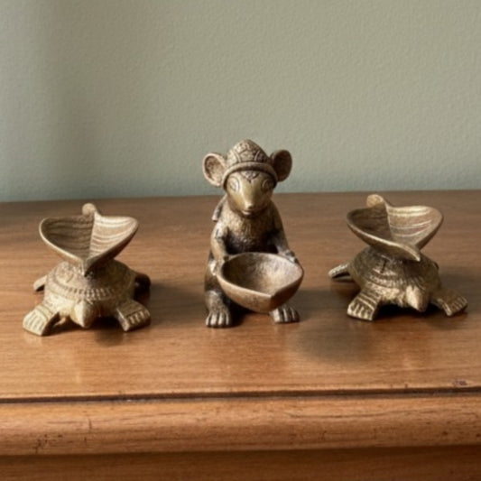 1980 Antique Brass Turtle and Mouse Diya Set of 4 | Small Brass Decor Accents