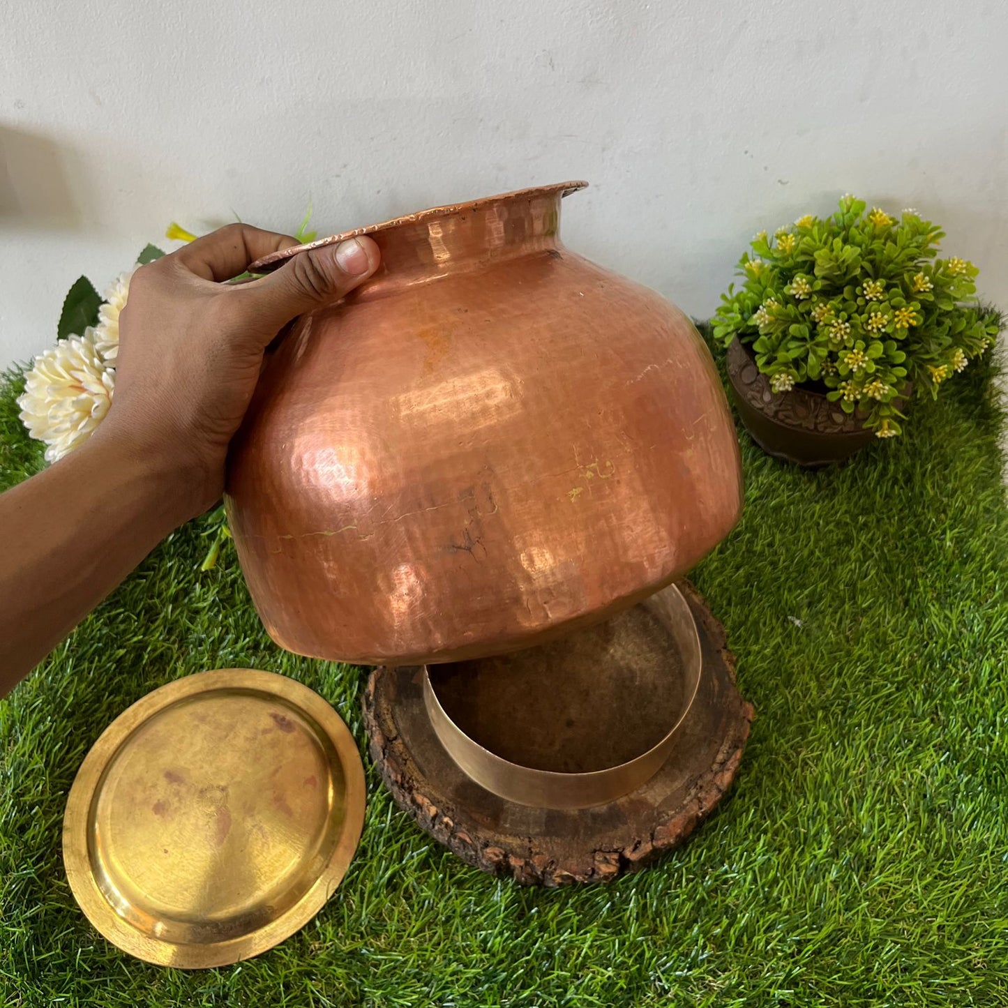 Antique Copper pot with Brass Lid & Stand