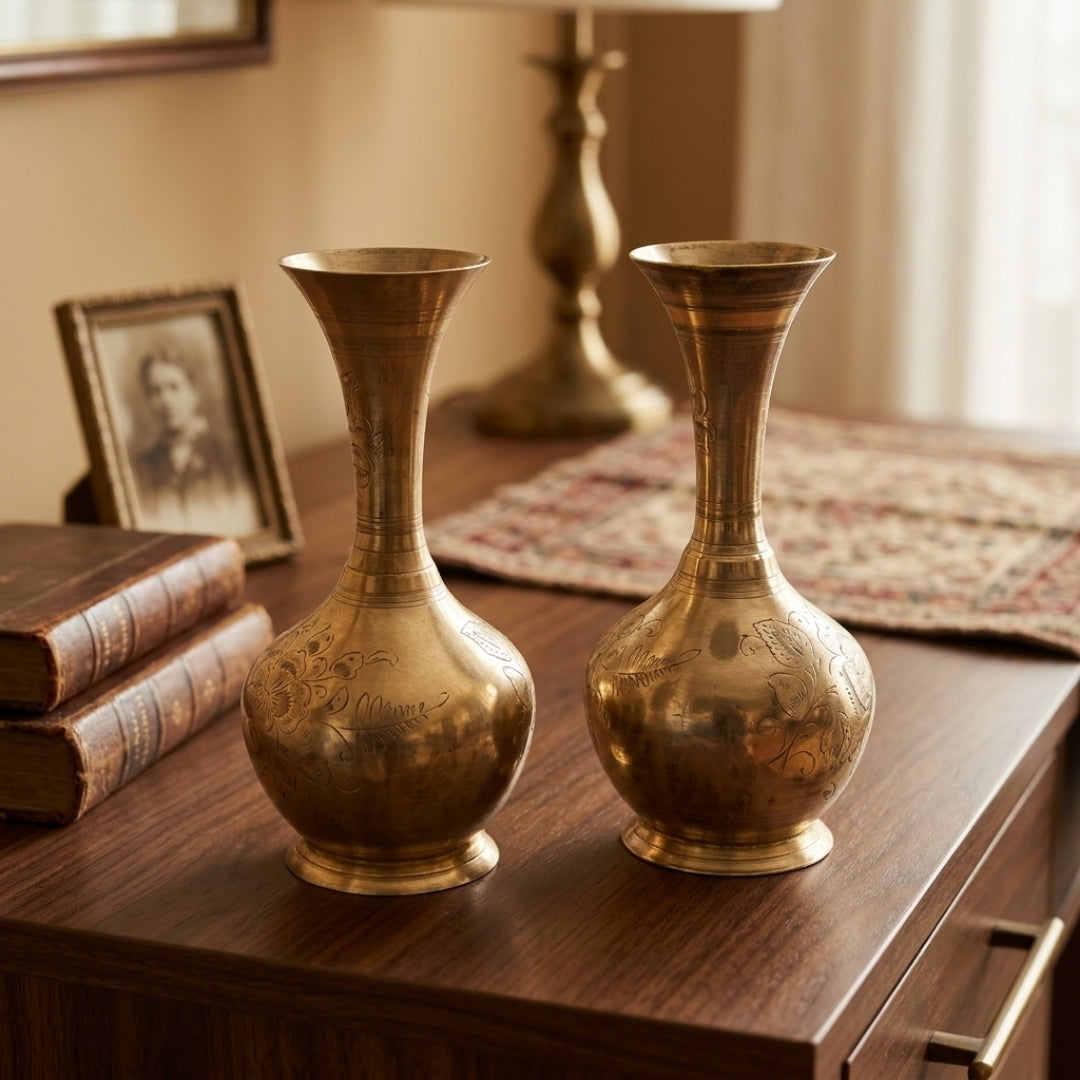 Antique Peetal Bud Vase Pair | Engraved Brass Flower Vases | Made in 1975