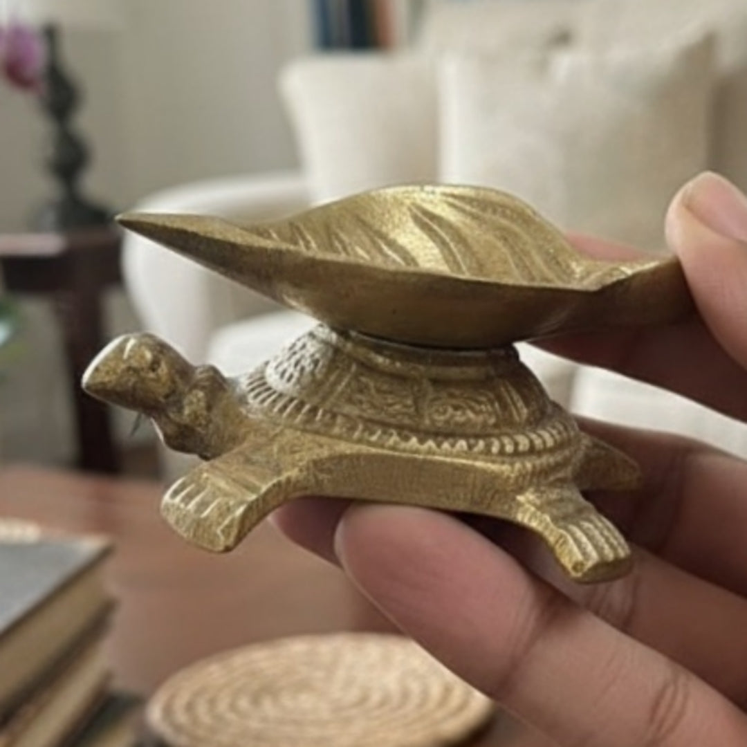 1980 Antique Brass Turtle and Mouse Diya Set of 4 | Small Brass Decor Accents
