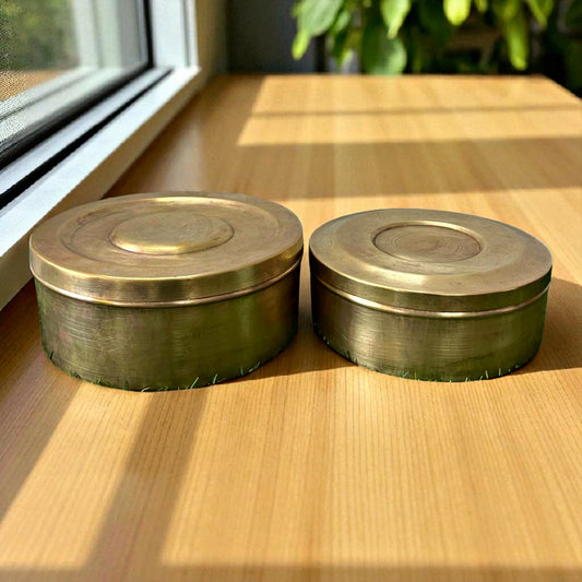 Antique Brass Dabba Set | Traditional Kitchen Storage Containers Pair
