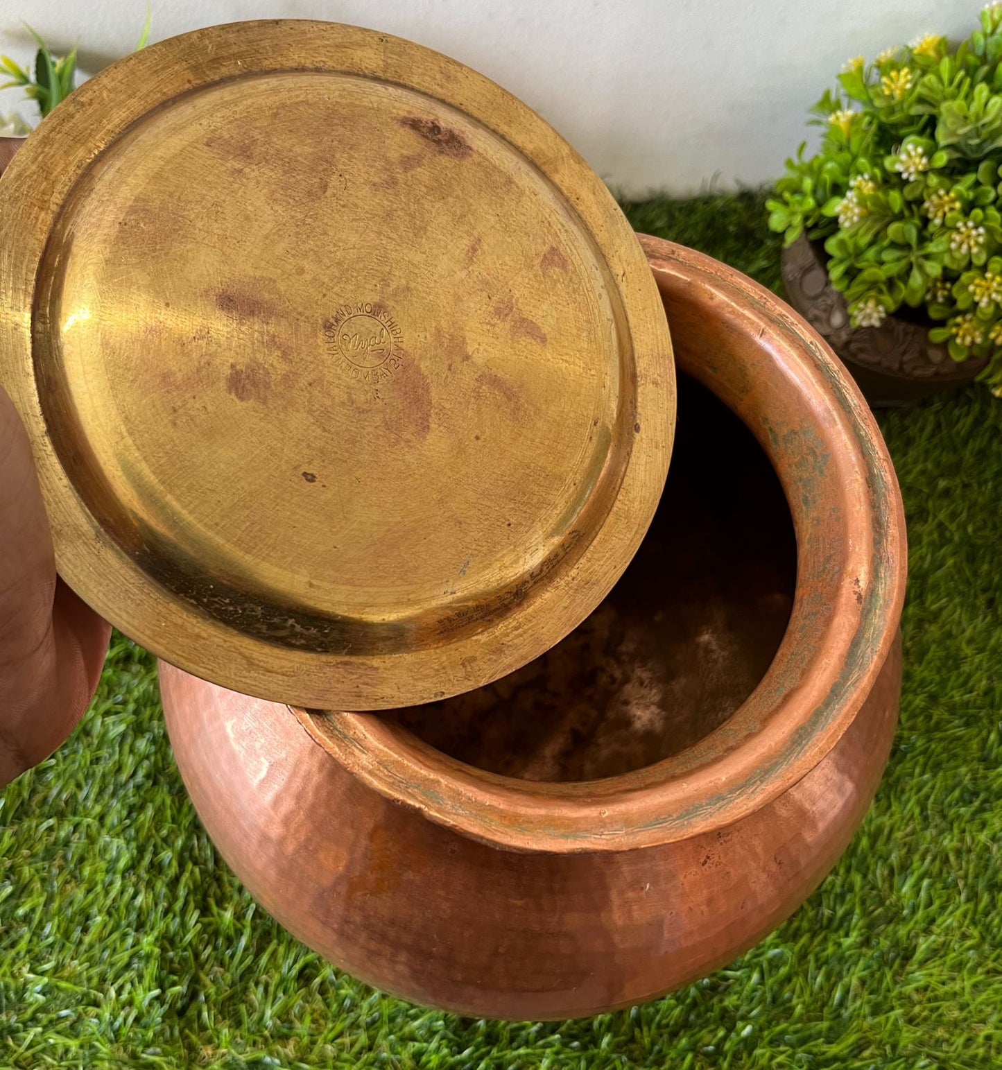 Antique Copper pot with Brass Lid & Stand