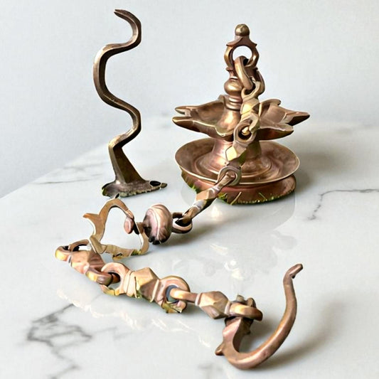 Antique Brass Laman Diva with Hook | Pital Traditional Hanging Oil Lamp with Wall Mounting Hook