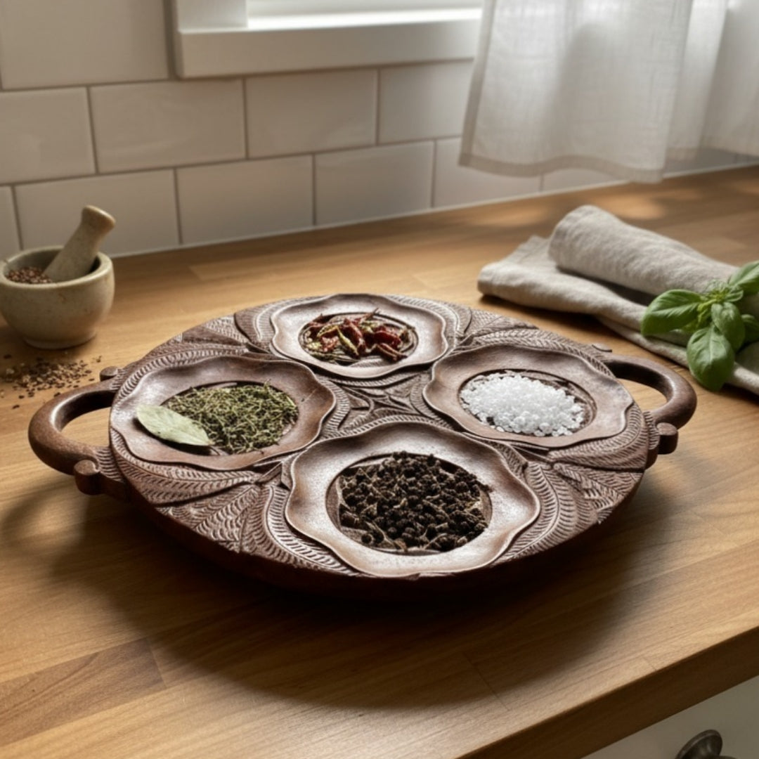 1972 Antique Teakwood Serving Tray with Handles | Solid Wood Display Tray - Bombay Antiques