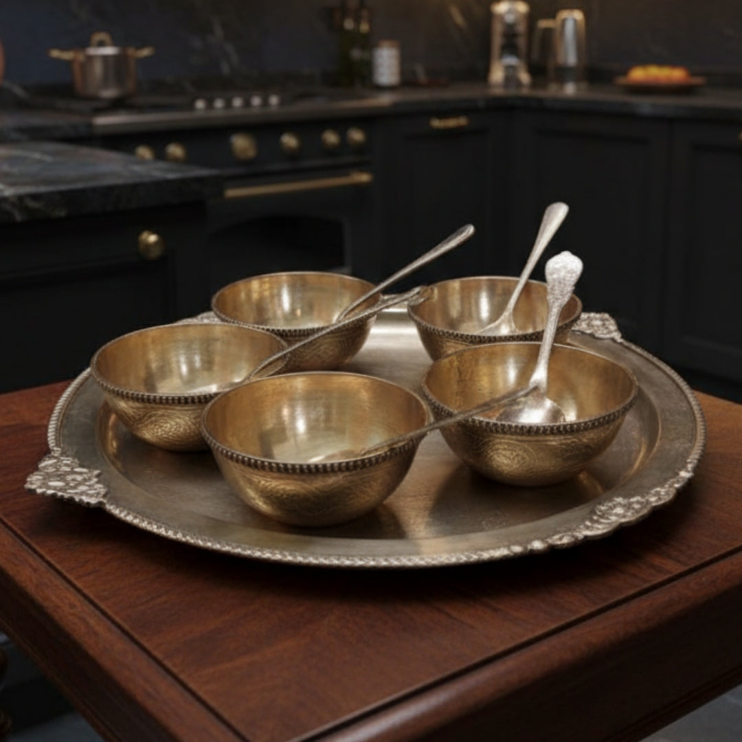 1985 Antique Brass Dessert Set with Ornated Borders | Traditional Serving Collection