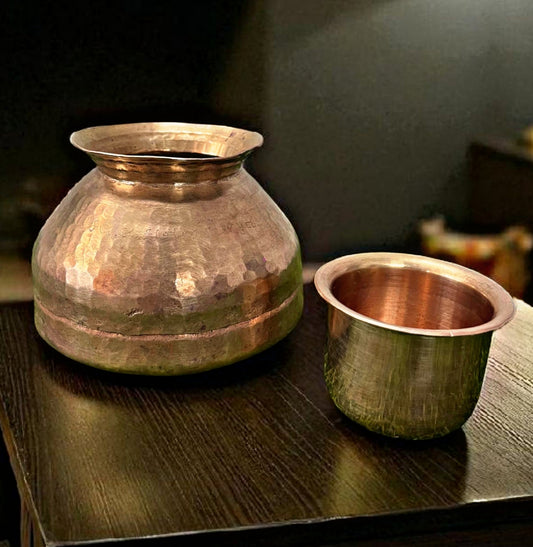 Antique Brass Kalash with Pyala | Traditional Pittal Lota with Glass | Fat Bottom Pot