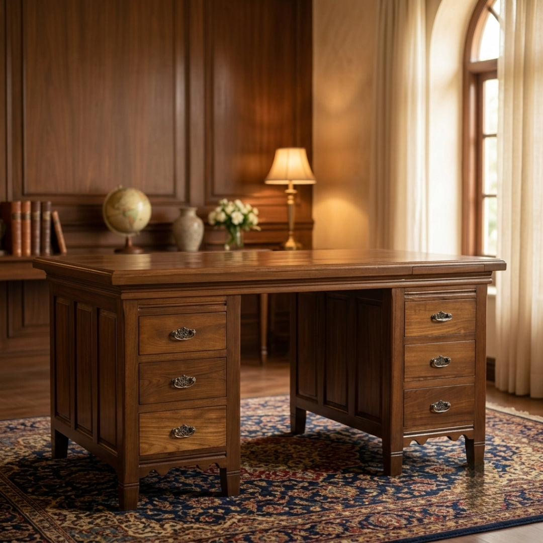 Sagwan Teak Wood 6-Drawer Executive Desk | Solid Teak Double Pedestal Desk with Ornate Brass Pulls | Inspired by Heritage Colonial Design