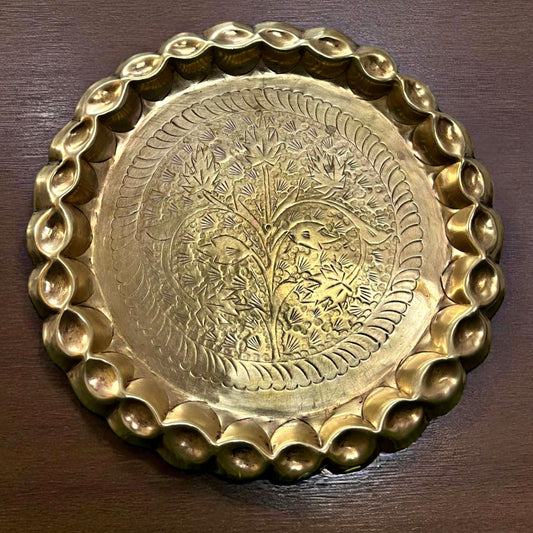 Antique Brass Engraved Plate 10 Inch | Traditional Pital Decor Thali with Border Design
