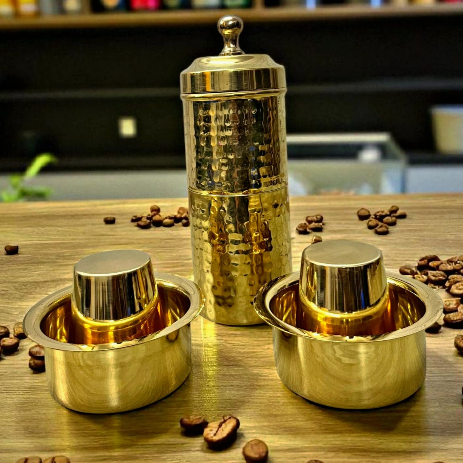 Brand New Brass Coffee Maker with 2 Glass Dabbara | Traditional South Indian Filter Set - Bombay Antiques