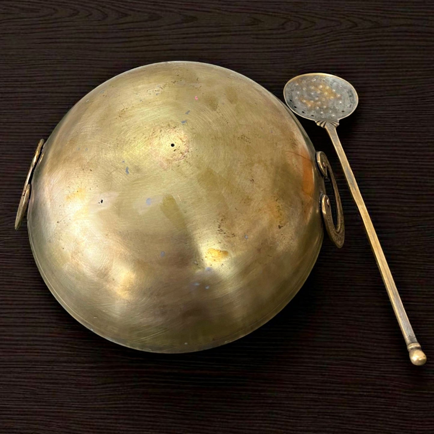 Antique Brass Chinese Kadai with Ladle | Pital Traditional Cooking Vessel