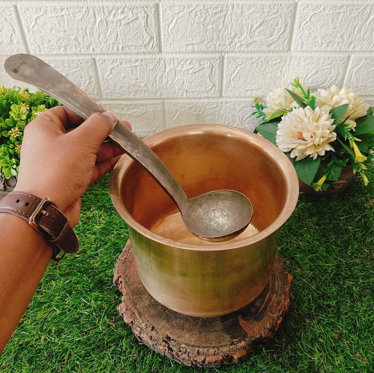 Antique Brass Cooking Bowl with Ladle | Traditional Pital Bhagona with Spatula