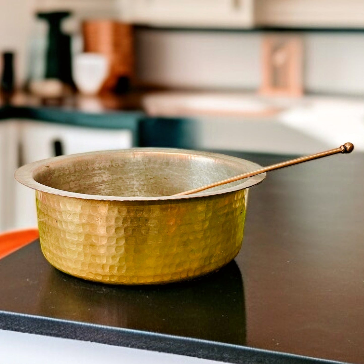 Antique Brass Langadi with Spatula | Traditional Pital Lagan Set Thick Gauged | Cultural Utility Decor