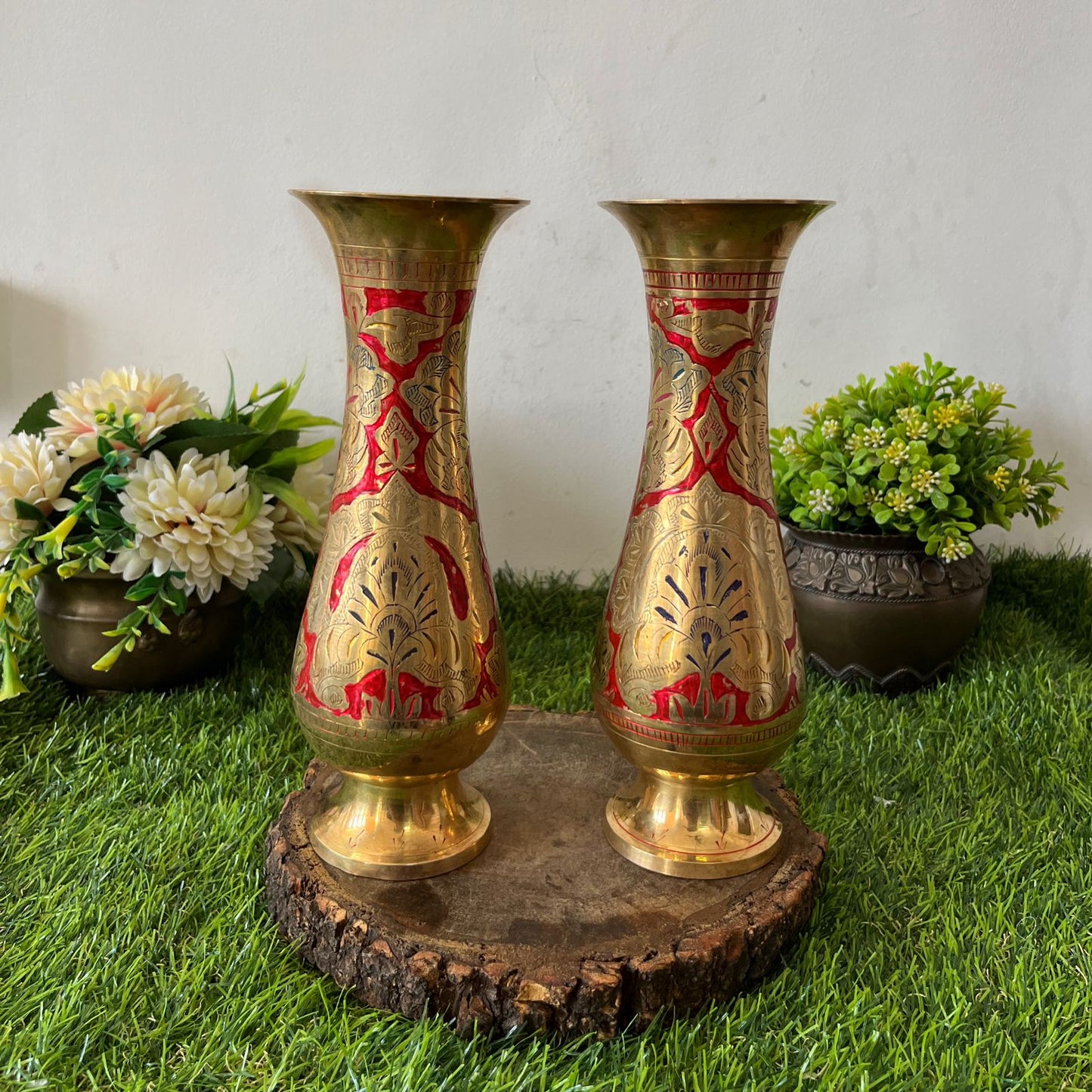 Brass Engraved Vase Pair -Antique Brass Phooladaan