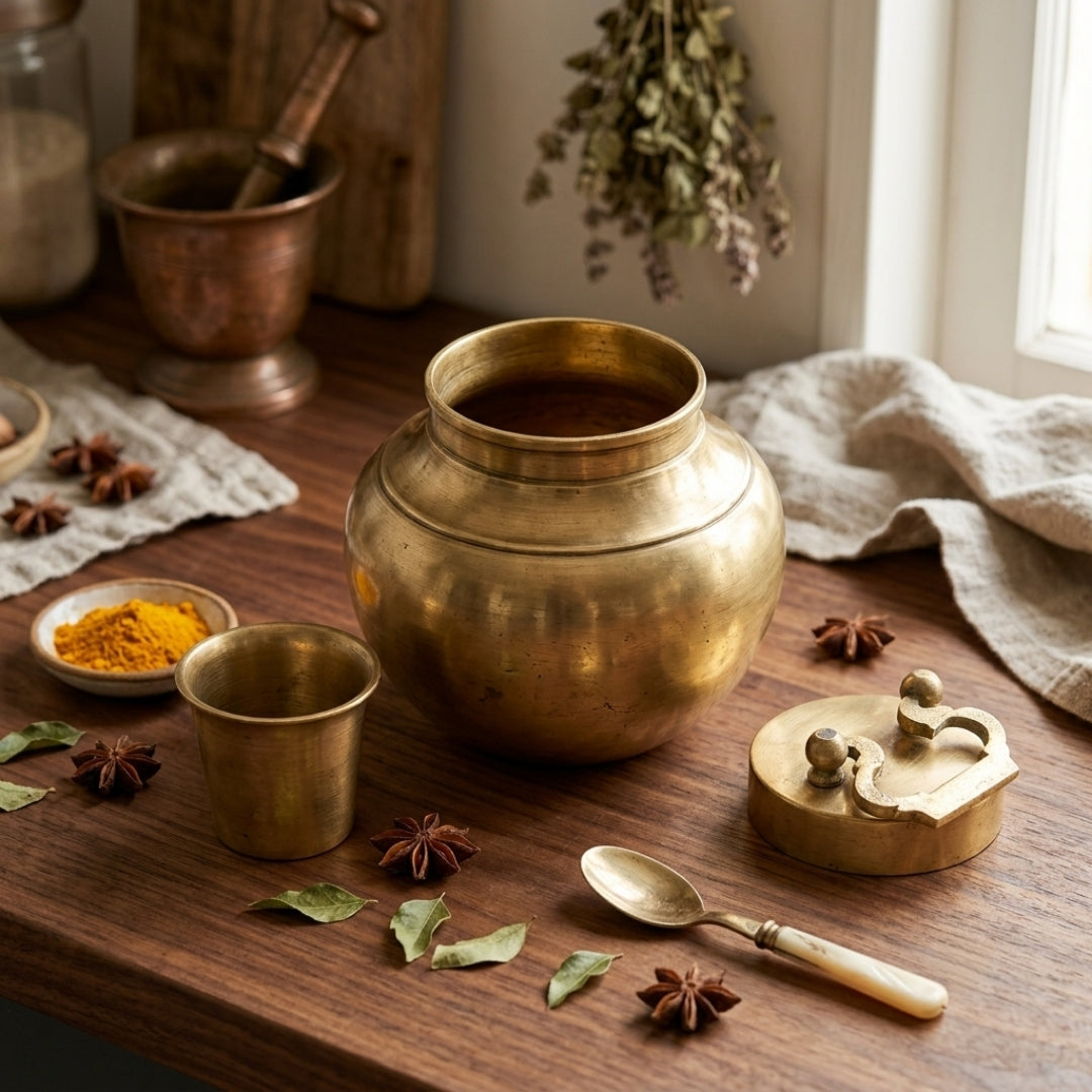 Antique Peetal Lidded Storage Jar | Brass Container with Loop Handle | Made in 1978