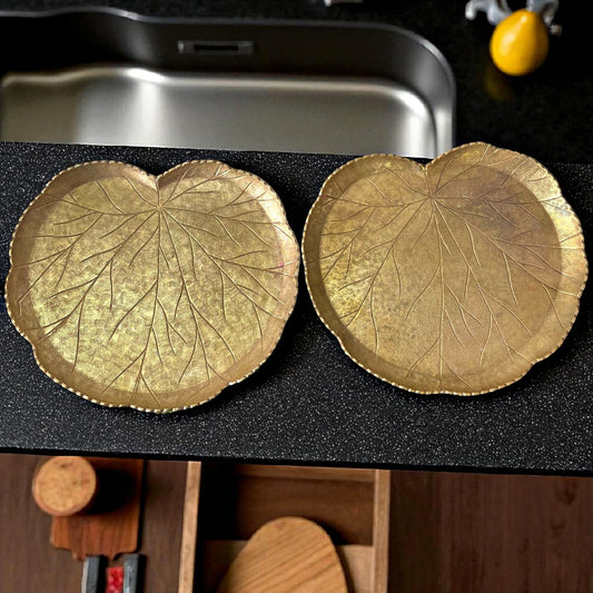 Antique Brass Leaf Shape Plates in Pair | Pital Traditional Serving Thali Pair