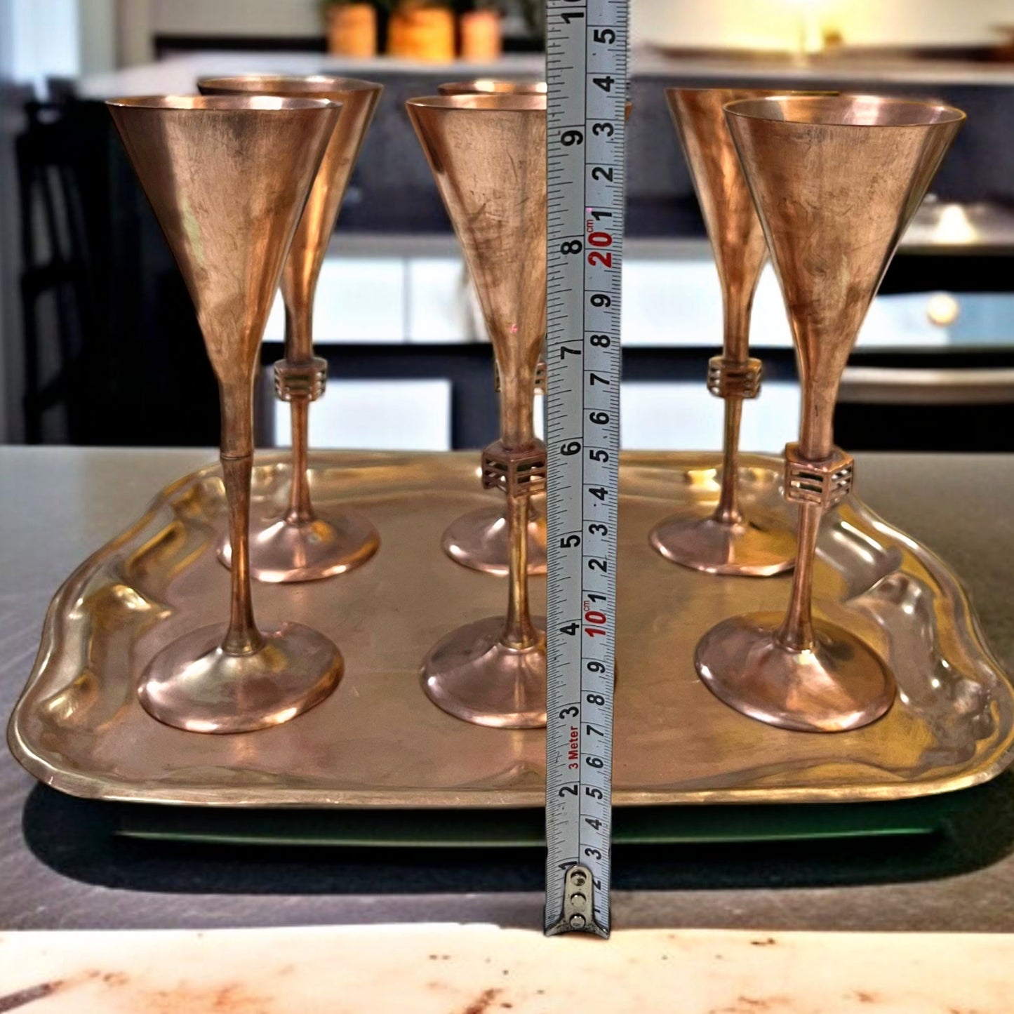 Antique Brass Refreshments Set | Tall Pital Glasses with Serving Tray