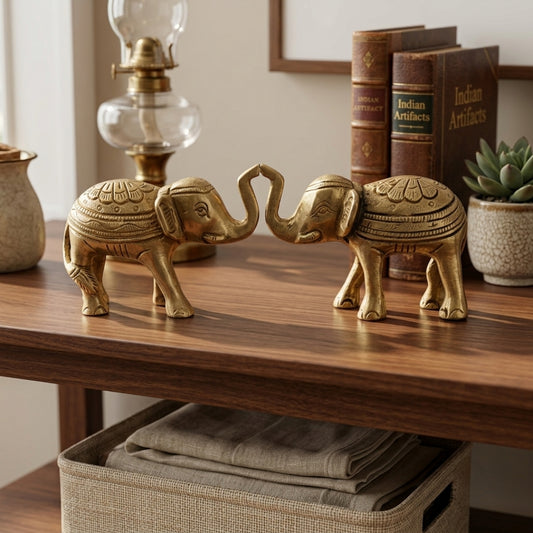Vintage Peetal Elephant Pair | Brass Decorative Elephant Set | Made in 1993 - Bombay Antiques