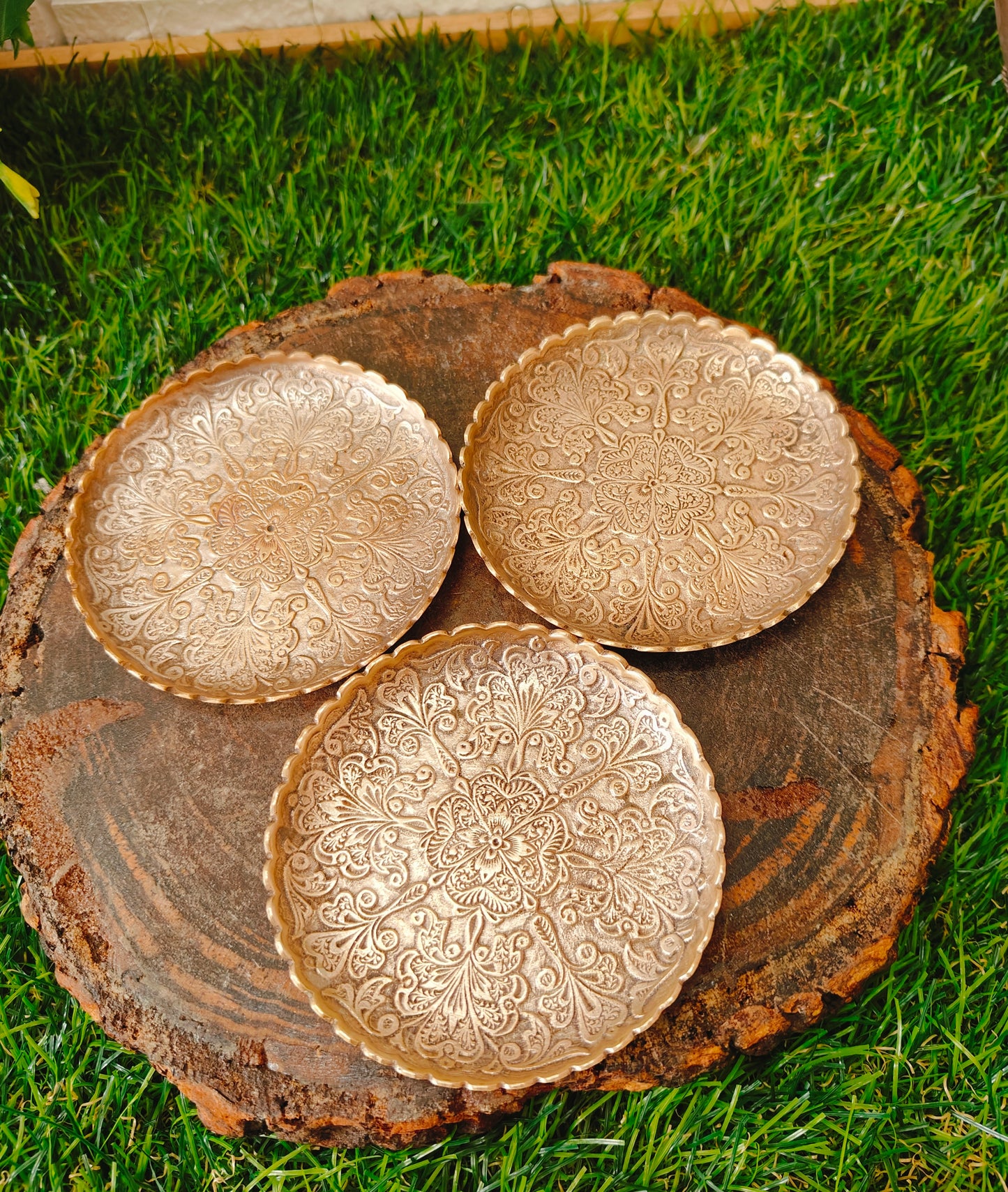 Antique Brass Engraved Coasters set of 3