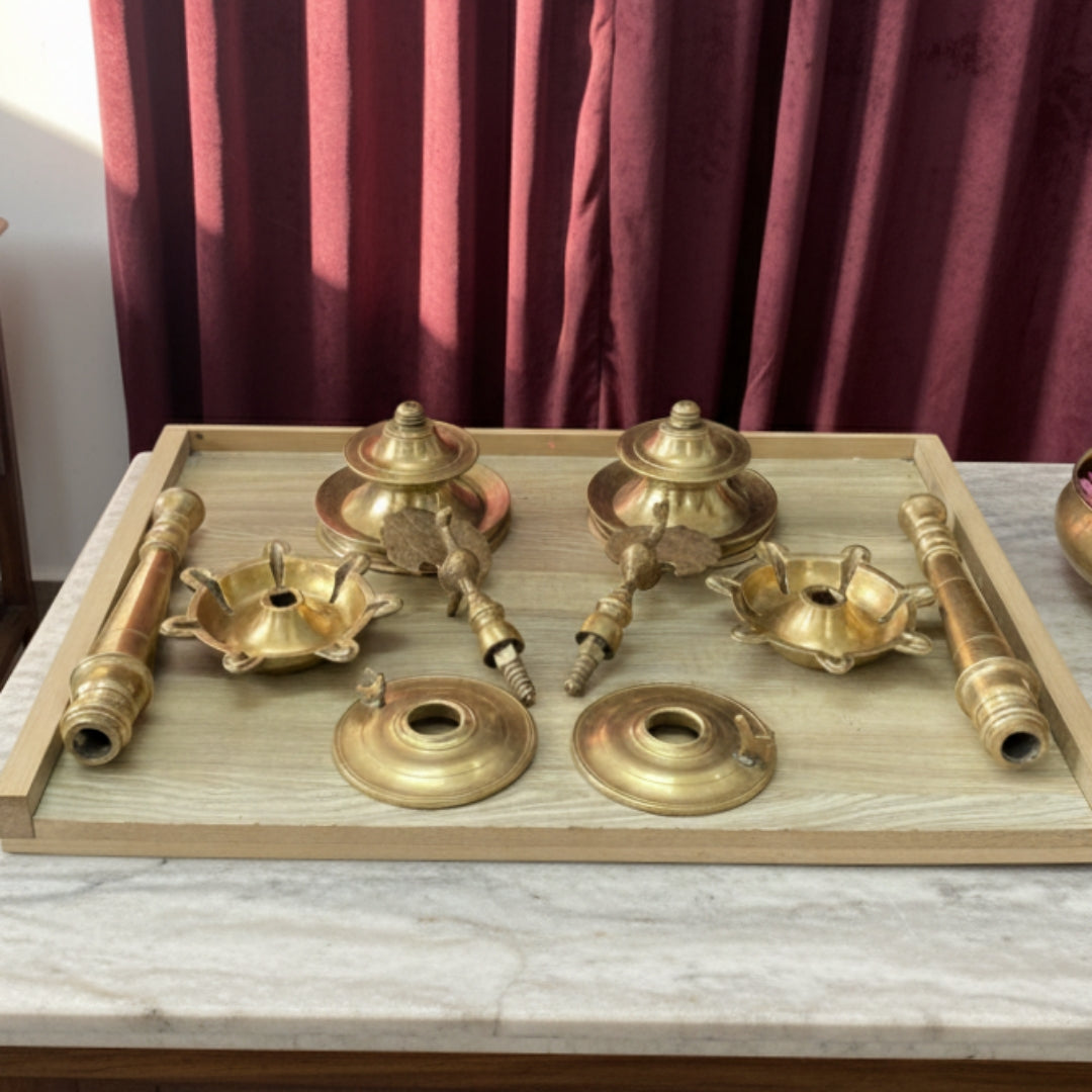 1977 Antique Brass Samay Pair with Lid | Traditional Tall Oil Lamps pair in Peacock Design