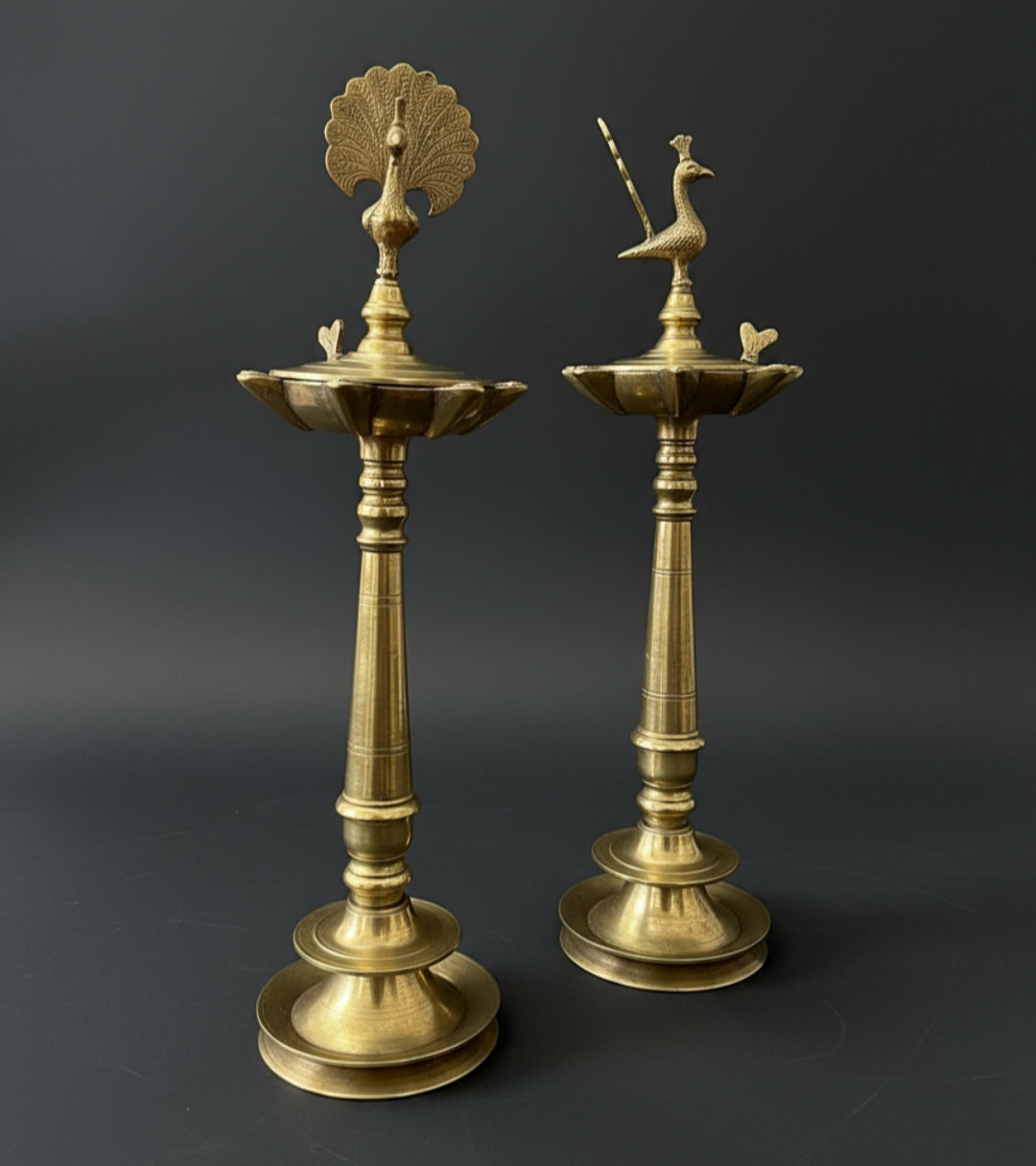 1977 Antique Brass Samay Pair with Lid | Traditional Tall Oil Lamps pair in Peacock Design