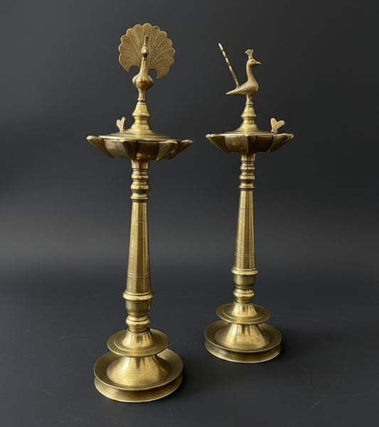 1977 Antique Brass Samay Pair with Lid | Traditional Tall Oil Lamps pair in Peacock Design